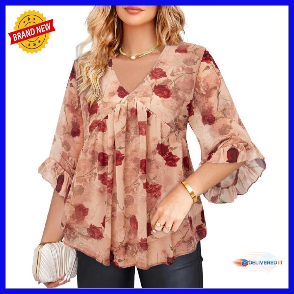 Plus Size Chiffon Blouse 3/4 Ruffle Sleeve V-Neck Dressy Casual Top